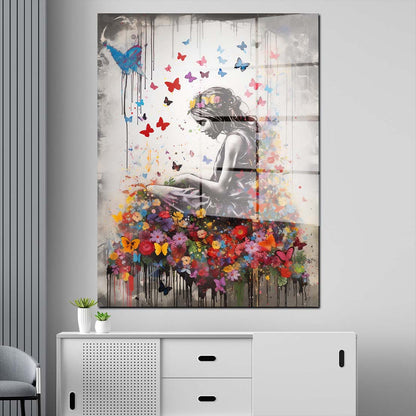 Street Art Mädchen mit Blumen Acrylglasbild Wandbild Wanddeko Wohnzimmer XL