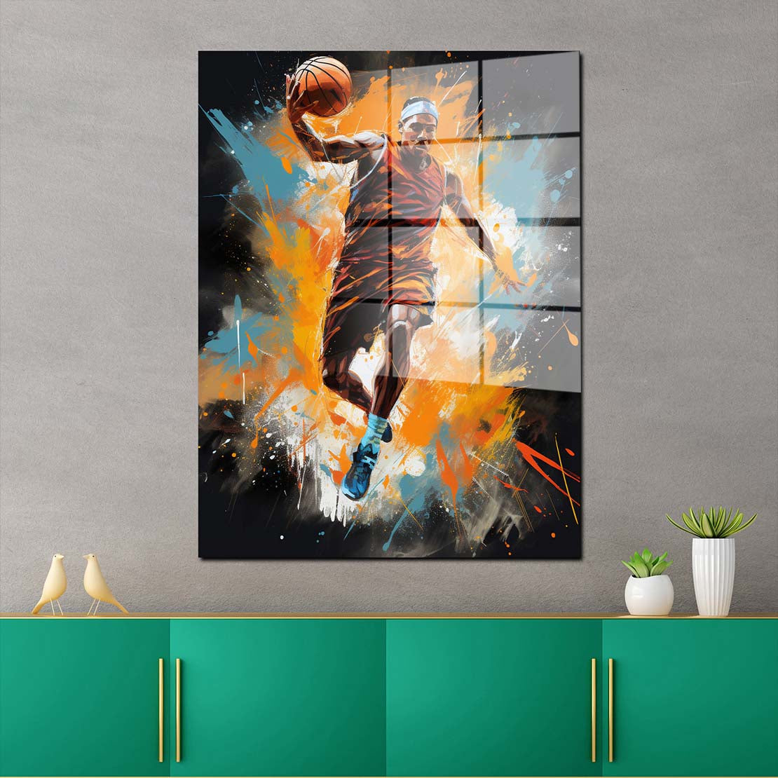 Street Art Mann mit Basketball Acrylglasbild Wandbild Wanddeko Wohnzimmer XL