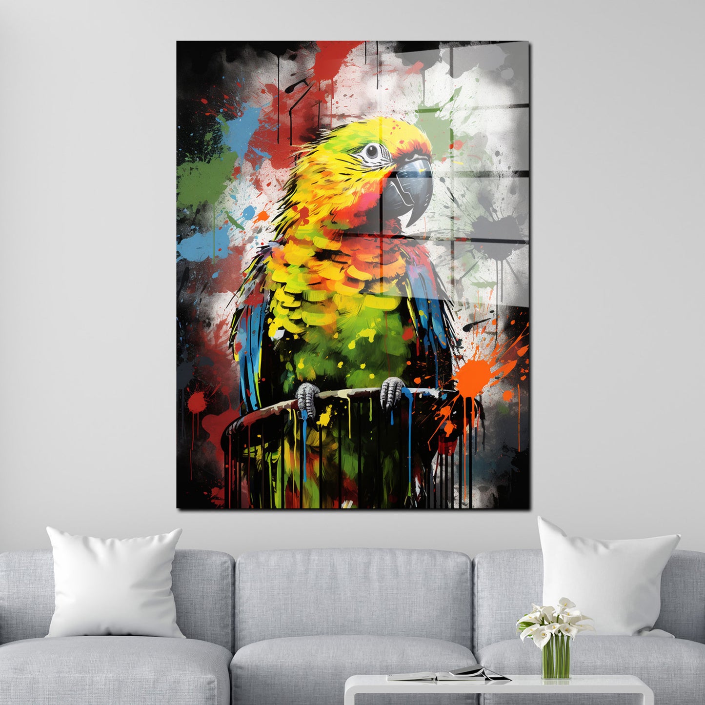 Street Art schöner Papagei Acrylglasbild Wandbild Bild Wanddeko Wohnzimmer XL